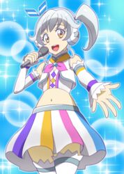  aikatsu!_(series) aikatsu_friends! bare_shoulders blush boots coco_(aikatsu_friends!) commentary_request detached_sleeves female grey_hair hair_ribbon headphones idol knee_boots midriff navel onomekaman open_mouth ribbon side_ponytail skirt sleeveless smile 