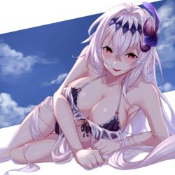  :d absurdres bare_shoulders bikini blush breasts cleavage collarbone commentary_request dark_jeanne feather_hair_ornament feathers female flower granblue_fantasy hair_between_eyes hair_flower hair_ornament highres jeanne_d&#039;arc_(granblue_fantasy) kuen_(kuennn12) large_breasts long_hair looking_at_viewer lying off_shoulder on_side open_mouth outside_border purple_bikini red_eyes see-through sidelocks smile solo swimsuit white_hair 