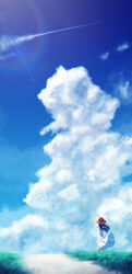  cloud cloudy_sky commentary_request contrail day dress fal_(fal-se-0) female from_behind hat highres lens_flare long_hair original outdoors photoshop_(medium) road scenery sky solo summer sun_hat sundress wind 