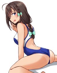  absurdres ahoge arm_support ass bad_id bad_nicoseiga_id bare_arms bare_legs bare_shoulders blue_one-piece_swimsuit blush bow braid breasts brown_hair commentary_request competition_swimsuit female green_bow hair_between_eyes hairbow high_school_fleet highres kapatarou leaning_forward long_hair medium_breasts one-piece_swimsuit parted_lips purple_eyes sitting solo swimsuit tan tanlines uchida_mayumi wariza wedgie yokosuka_girls_marine_high_school_swimsuit 