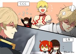  &gt;_&lt; +++ 2boys 2girls aura bandaid chaldea_uniform closed_eyes commentary_request crossed_arms dark_aura false_smile fate/extra fate/extra_ccc fate/grand_order fate_(series) fujimaru_ritsuka_(female) gawain_(fate) gilgamesh_(fate) jitome kaidou_j1 kishinami_hakuno_(female) long_hair money multiple_boys multiple_girls open_mouth riyo_(lyomsnpmp)_(style) shaded_face short_hair smile sword throwing_money twitter_username weapon 