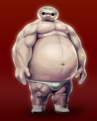  1boy baymax big_hero_6 briefs buzz_cut commentary fat fat_man highres humanization kneehighs male_focus male_underwear muscular navel no_eyes sakkan short_hair socks solo sunglasses topless_male underwear very_short_hair what white_male_underwear 