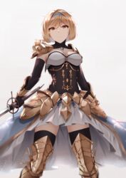  &gt;:( absurdres armor armored_boots arms_at_sides black_gloves blue_hairband bob_cut boots breasts brown_eyes brown_hair chrysaor_(granblue_fantasy) cleavage closed_mouth commentary covered_navel detached_collar djeeta_(granblue_fantasy) elbow_gloves english_commentary faulds feet_out_of_frame female gloves granblue_fantasy grey_background hairband highres holding holding_sword holding_weapon legs_apart looking_at_viewer medium_breasts mengo pauldrons serious short_hair shoulder_armor simple_background skirt solo standing strapless sword thighhighs thighhighs_under_boots v-shaped_eyebrows vambraces weapon white_skirt zettai_ryouiki 