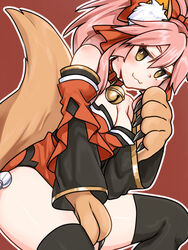  :3 animal_ear_fluff animal_ears animal_hands bare_shoulders bell black_legwear blush breasts cat_paws cleavage collar commentary_request detached_sleeves fangs fate/grand_order fate_(series) female fox_ears fox_girl fox_tail gloves hair_ribbon highres jingle_bell large_breasts long_hair looking_at_viewer neck_bell paw_gloves pink_hair ponytail red_background red_ribbon ribbon simple_background sksk_sou tail tamamo_(fate) tamamo_cat_(fate) 