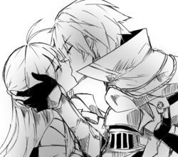  1boy aether_sage_(elsword) ahoge aisha_landar armor blush cloak closed_eyes commentary_request elsword elsword_(character) female greyscale holding_head kissing knight_emperor_(elsword) long_hair monochrome shoulder_armor soo_(vyve2555) straight 