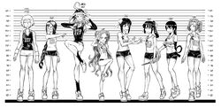  1boy 1other 6+girls ahoge bandages braid bun_cover commentary country_connection dagger double_bun elbow_pads fabulous fate/grand_order fate_(series) glasses greyscale hair_bun hair_over_one_eye hair_rings height_chart highres jing_ke_(fate) knee_pads knife monochrome multiple_girls nezha_(fate) one_eye_closed ponytail pose prince_of_lan_ling_(fate) qin_liangyu_(fate) scar scar_on_face shaded_face shi_huang_di_(fate) shorts sportswear teke-emon tongue tongue_out twintails v_over_eye volleyball_uniform weapon wu_zetian_(fate) xuangzang_sanzang_(fate) yu_mei-ren_(fate) 