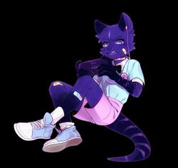  009w alternative_fashion angry anthro arms_bent band-aid band-aid_on_face band-aid_on_knee band-aid_on_leg bandage bandage_on_face bent_legs biped black_background blue_eyes clothed clothing collar cord crossed_ankles domestic_cat earbuds electronics fairy_kei felid feline felis footwear fur game_console gaming handheld handheld_console headphones hi_res holding_console holding_object holding_psp invisible_geometry j-fashion leaning leaning_backward legwear looking_at_console looking_at_object male mammal playing_video_game playstation playstation_console playstation_portable psp_console purple_body purple_fur reclining shirt shoes simple_background socks solo sony_corporation sony_interactive_entertainment stripes topwear wired_headphones young 