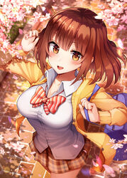  :d absurdres arm_up bag bangs blush bow bowtie breasts brown_eyes brown_hair brown_skirt cardigan cherry_blossoms cleavage collarbone collared_shirt commentary day dress_shirt english_commentary eyebrows_visible_through_hair female from_above gui_ss hair_between_eyes highres huge_filesize long_sleeves looking_at_viewer loose_bowtie medium_breasts medium_hair moe2019 open_cardigan open_clothes open_mouth original outdoors plaid plaid_skirt pleated_skirt red_neckwear school_bag school_uniform shiny shiny_hair shirt skirt smile solo standing striped striped_neckwear sunlight tree_shade wing_collar yellow_cardigan 