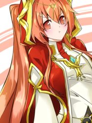  blush cloak commentary_request elsword female hair_between_eyes hood ignia_(elsword) long_hair orange_eyes orange_hair pout priestess soo_(vyve2555) symbol 