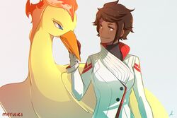  artist_name brown_eyes brown_hair candela_(pokemon) commentary_request dark_skin ebbilin female gloves moltres pokemon pokemon_(creature) pokemon_go short_hair smile swept_bangs 