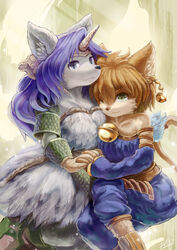  2girls animal_ears bell blue_eyes brown_hair cat_ears cat_girl cat_tail closed_mouth collarbone crossed_legs daena detached_sleeves dragoon eixin feathers furry furry_female furry_with_furry gloves green_eyes hair_between_eyes holding horns legend_of_mana light_brown_hair long_hair looking_at_viewer multiple_girls photoshop_(medium) purple_hair seiken_densetsu short_hair sierra_(lom) single_horn sitting skirt slit_pupils smile tail wings wolf_ears wolf_girl yellow_gloves yuri 