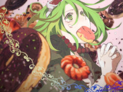  blurry commentary_request crying crying_with_eyes_open depth_of_field dessert donut_hole_(vocaloid) doughnut eating female fingernails food goggles goggles_on_head green_eyes green_hair gumi interlocked_fingers jewelry looking_up madori_(sayuri5) necklace own_hands_clasped own_hands_together pearl_necklace pink_background short_hair simple_background solo tears upper_body vocaloid 