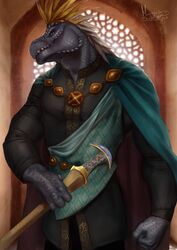  2018 anthro blue_eyes cape clothing crown dinosaur extinct fals feathers grey_body grey_skin half-length_portrait headgear hi_res holding_melee_weapon holding_object holding_sword holding_weapon king looking_at_viewer male melee_weapon muscular muscular_anthro muscular_male portrait prehistoric_species reptile royalty scalie solo standing sword teeth thescarletartist weapon 