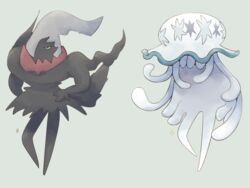  boke-chan commentary_request darkrai floating grey_background hand_on_own_hip jellyfish nihilego no_humans pokemon pokemon_(creature) tentacle unamused 