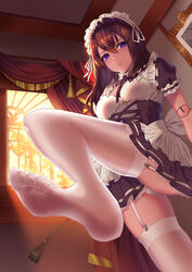  absurdres brown_hair feet female garter_straps highres leg_up long_hair looking_at_viewer maid maid_headdress panties pantyshot parted_lips pov pov_feet purple_eyes riding_crop sheer_legwear soles toes underwear white_legwear 