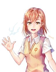  bad_id bad_pixiv_id blush brown_eyes brown_hair electricity electrokinesis female hair_ornament hairclip looking_at_viewer misaka_mikoto nyamunyamu open_mouth parted_lips school_uniform short_hair short_sleeves smile solo summer_uniform sweater_vest toaru_kagaku_no_railgun toaru_majutsu_no_index tokiwadai_school_uniform upper_body v-neck waving 