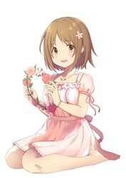  blush breasts brown_eyes brown_hair collarbone commentary_request dress female flower flower_wreath haikimono_shounen hair_flower hair_ornament idolmaster idolmaster_cinderella_girls looking_at_viewer mimura_kanako open_mouth pink_dress puffy_short_sleeves puffy_sleeves short_hair short_sleeves simple_background sitting smile solo wariza white_background 