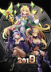  2019 3girls :&lt; arm_support armor armored_boots black_choker black_footwear black_hairband black_mittens blonde_hair boots breasts bug butterfly challenger_dominiel choker cleavage clock closed_eyes commander_lorina crop_top crossed_arms crossed_legs destina_(epic_seven) epic_seven faulds fishnet_pantyhose fishnets gloves green_eyes green_neckwear hair_ornament hairband highres jacket large_breasts light_purple_hair long_hair long_sleeves lorina_(epic_seven) lreliax mittens multiple_girls navel one_eye_closed open_clothes open_jacket open_mouth pantyhose pauldrons pelvic_curtain purple_armor purple_gloves purple_jacket red_eyes roman_numeral shoulder_armor side_ponytail sitting smile staff thigh_boots thigh_strap thighhighs very_long_hair white_gloves zipper 