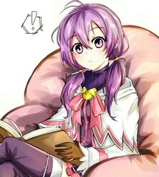  ! aisha_landar antenna_hair armchair black_thighhighs book bow brown_gloves capelet chair commentary_request crossed_legs elemental_master_(elsword) elsword female gloves hair_between_eyes holding holding_book hood hoodie long_hair long_sleeves looking_at_viewer low_twintails open_book pink_bow purple_eyes purple_hair reading sitting solo soo_(vyve2555) spoken_exclamation_mark thighhighs turtleneck twintails 