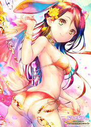  animal_ears armlet ass bikini blush breasts commentary_request earrings ek_masato female flower from_behind hair_flower hair_ornament highres jewelry long_hair looking_at_viewer looking_back love_live! love_live!_sunshine!! medium_breasts neck_ring photoshop_(medium) rabbit_ears red_hair sakurauchi_riko sarong side-tie_bikini_bottom smile solo swimsuit underboob water_drop yellow_eyes 