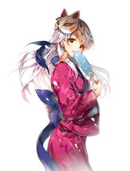  animal animal_on_shoulder animal_print bangle bird bird_on_shoulder bracelet bug butterfly butterfly_print commentary female fire_emblem fire_emblem:_radiant_dawn fire_emblem_heroes grey_hair hair_ribbon half_updo hand_fan highres holding holding_fan japanese_clothes jewelry kimono long_hair looking_at_viewer mask micaiah_(fire_emblem) micaiah_(hoshidan_summer)_(fire_emblem) miwabe_sakura obi official_alternate_costume paper_fan ribbon sash simple_background smile solo uchiwa white_background wide_sleeves yellow_eyes yukata yune_(fire_emblem) 