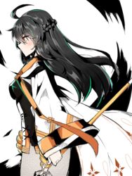  ahoge ara_haan black_hair commentary_request elsword female holding holding_weapon long_hair polearm sakra_devanam_(elsword) soo_(vyve2555) spear weapon yellow_eyes 