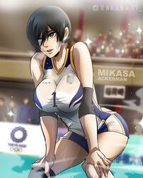  1girls attack_on_titan audience big_breasts black_eyes black_hair breasts coat_of_arms curv female female_only fully_clothed japanese_girl mikasa_ackerman open_mouth rakara11 seductive shingeki_no_kyojin short_hair short_shorts sport sports_uniform sweaty_body uniform volleyball white_clothing 