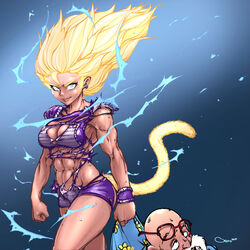  1boy abs aura bald beard blonde_hair breasts broken_eyewear character_request cleavage clenched_hands crooked_eyewear darren_geers dragon_ball dragon_ball_super earrings electricity facial_hair female floating_hair glasses highres jewelry lips long_hair looking_at_viewer medium_breasts monkey_tail muscular muscular_female muten_roushi oerba_yun_fang old old_man original red-framed_eyewear solo_focus spiked_hair super_saiyan tail torn_clothes torn_unitard unconscious unitard wristband 