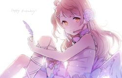  ankle_lace-up birthday bow brown_eyes brown_hair collar commentary_request cross-laced_footwear feathered_wings feathers female flower from_side hair_flower hair_ornament hair_ribbon hairbow happy_birthday headset holding light_brown_hair long_hair love_live! love_live!_school_idol_project minami_kotori one_side_up ribbon sitting sleeveless smile solo thigh_strap tiny_(tini3030) white_background wings x_hair_ornament yellow_eyes 