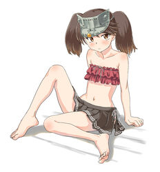  arm_support bad_id bad_pixiv_id bandeau bare_arms bare_shoulders barefoot blush brown_eyes brown_hair collarbone feet female flat_chest frills full_body highres kantai_collection looking_to_the_side midriff miniskirt navel pleated_skirt ryuujou_(kancolle) sitting skirt solo souji_kurokawa swimsuit twintails twitter_username visor_cap 