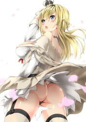  ass bare_shoulders blonde_hair blue_eyes blush braid breasts commentary_request cowboy_shot crown dress female from_below garter_straps grey_panties hair_between_eyes hairband half_up_braid highres jewelry kantai_collection kuon_(break_through) large_breasts long_hair long_sleeves looking_back mini_crown necklace off_shoulder open_mouth panties simple_background solo thighhighs thong underwear warspite_(kancolle) white_background wind wind_lift 