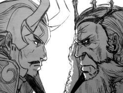  2boys armor beard coat collar commentary_request confrontation crown facial_hair fake_horns fire_emblem fire_emblem_fates fur_collar garon_(fire_emblem) glaring goatee greyscale horned_headwear horns jimmy_(akakiryuunozimi) looking_at_another monochrome moustache multicolored_hair multiple_boys old old_man serious sideburns sumeragi_(fire_emblem) traditional_media two-tone_hair wrinkled_skin 