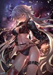  ahoge ass_visible_through_thighs azomo bikini black_bikini black_gloves black_jacket blurry blurry_background breasts brown_eyes chinese_commentary cleavage commentary depth_of_field fate/grand_order fate_(series) female gloves grin hair_between_eyes head_tilt highres jacket jeanne_d&#039;arc_alter_(fate) jeanne_d&#039;arc_alter_(swimsuit_berserker)_(fate) katana large_breasts long_hair long_sleeves looking_at_viewer navel o-ring o-ring_bikini o-ring_bottom o-ring_top photoshop_(medium) red_thighhighs revision sharp_teeth sheath sheathed shrug_(clothing) sidelocks signature single_thighhigh smile solo swimsuit sword teeth thighhighs v-shaped_eyebrows very_long_hair weapon white_hair 