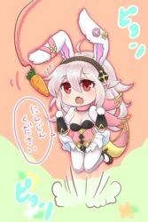  animal_ears black_hairband breasts carrot chibi cleavage commentary_request corrin_(female)_(fire_emblem) corrin_(fire_emblem) fake_animal_ears female fire_emblem fire_emblem_fates fire_emblem_heroes gloves hairband jumping leotard long_hair nekomikoalice open_mouth pointy_ears rabbit_ears red_eyes solo white_hair 