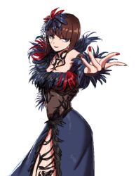  anna_williams blue_eyes brown_hair dress feather_dress female hair_ornament nail_polish outstretched_arm short_hair smile tekken tekken_7 