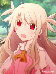  ascot bare_shoulders blonde_hair blush cape commentary_request dress earrings elbow_gloves fate/kaleid_liner_prisma_illya fate_(series) feather_hair_ornament feathers female frown gloves hair_ornament illyasviel_von_einzbern jewelry long_hair lowres magical_girl minafuni open_mouth pink_dress pink_gloves prisma_illya red_eyes solo sweatdrop twitter_username upper_body 