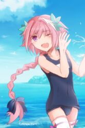  1boy astolfo_(fate) blue_one-piece_swimsuit braid bulge commentary_request day fate/apocrypha fate_(series) hair_ornament hair_ribbon long_hair male_focus minafuni ocean oerba_yun_fang old_school_swimsuit one-piece_swimsuit one_eye_closed open_mouth otoko_no_ko pink_hair purple_eyes ribbon school_swimsuit single_braid sky smile solo splashing swimsuit thighhighs twitter_username white_thighhighs 