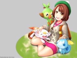  ^_^ absurdres backpack bad_id bad_pixiv_id bag blush bob_cut boots brown_bag brown_eyes brown_footwear brown_hair cardigan closed_eyes commentary_request dress female full_body gloria_(pokemon) green_hat green_legwear grey_cardigan grookey hand_on_another&#039;s_head happy hat headpat highres holding long_sleeves looking_at_viewer on_lap open_mouth pink_dress pokemon pokemon_(creature) pokemon_on_arm pokemon_on_lap pokemon_swsh scorbunny short_hair simple_background sitting smile sobble socks starter_pokemon_trio tam_o&#039;_shanter teeth upper_teeth_only zen_cross 