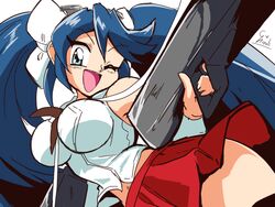  1990s_(style) artist_name blue_eyes blue_hair breasts cannon choroli_(chorolin) commentary cowboy_shot duplicate female gun hair_between_eyes hair_ribbon isuzu_(kancolle) isuzu_kai_ni_(kancolle) kantai_collection large_breasts long_hair looking_at_viewer neckerchief one_eye_closed open_mouth parody pixel-perfect_duplicate pleated_skirt red_skirt retro_artstyle ribbon rifle shirt signature simple_background skirt sleeveless sleeveless_shirt solo style_parody twintails weapon white_background white_ribbon white_shirt 