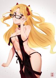  bare_shoulders blush breasts commentary_request cosplay ereshkigal_(fate) fate/grand_order fate_(series) female glasses long_hair murio no_bra open_mouth parted_bangs red_ribbon revealing_clothes ribbon solo two_side_up yu_mei-ren_(fate) yu_mei-ren_(fate)_(cosplay) 