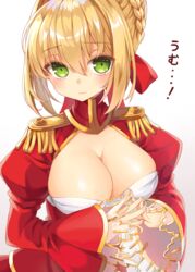  absurdres bad_id bad_pixiv_id blonde_hair braid breasts cleavage closed_mouth epaulettes fate/extra fate/grand_order fate_(series) female green_eyes highres juliet_sleeves large_breasts long_sleeves looking_at_viewer nero_claudius_(fate) nero_claudius_(fate/extra) puffy_sleeves rota_(078) shiny_skin short_hair simple_background solo steepled_fingers umu_(phrase) upper_body white_background 