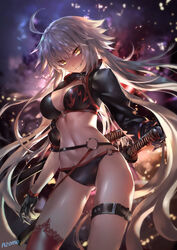  ahoge ass_visible_through_thighs azomo bikini black_bikini black_gloves black_jacket blurry blurry_background breasts brown_eyes cleavage depth_of_field fate/grand_order fate_(series) female gloves grin hair_between_eyes head_tilt highres jacket jeanne_d&#039;arc_alter_(fate) jeanne_d&#039;arc_alter_(swimsuit_berserker)_(fate) katana large_breasts long_hair long_sleeves looking_at_viewer md5_mismatch navel o-ring o-ring_bikini o-ring_bottom o-ring_top photoshop_(medium) red_thighhighs sharp_teeth sheath sheathed shrug_(clothing) sidelocks signature single_thighhigh smile solo swimsuit sword teeth thighhighs v-shaped_eyebrows very_long_hair weapon white_hair 