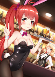  2girls ;) alcohol alternate_breast_size alternate_costume animal_ears antenna_hair azur_lane bailey_(azur_lane) bar_(place) bare_shoulders benson_(azur_lane) black_bow black_bowtie black_legwear black_leotard black_vest blonde_hair blurry blurry_background blush bow bowtie breasts brown_eyes ceiling_light chinese_commentary cleavage closed_mouth collar collarbone collared_shirt commentary_request covered_navel cowboy_shot cup depth_of_field detached_collar drink drinking_glass dutch_angle fake_animal_ears fang_out groin hairbow hand_on_own_hip hand_up heart heart-shaped_pupils highres holding holding_tray indoors lenxiao leotard long_hair long_sleeves low_twintails medium_breasts multiple_girls oerba_yun_fang one_eye_closed pantyhose photoshop_(medium) playboy_bunny purple_bow purple_bowtie rabbit_ears rabbit_tail red_eyes red_hair shirt side_ponytail sidelocks sleeve_cuffs smile strapless strapless_leotard symbol-shaped_pupils tail tray twintails very_long_hair vest w waving white_bow white_bowtie white_collar white_shirt wine_glass wrist_cuffs 