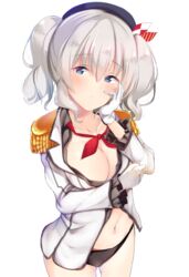  ashino beret black_panties blue_eyes bra breasts commentary_request epaulettes female frilled_sleeves frills grey_hair hat kantai_collection kashima_(kancolle) long_hair medium_breasts panties simple_background solo twintails underwear undressing wavy_hair 