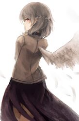  blush braid commentary_request cowboy_shot feathered_wings female finger_to_mouth from_behind grey_hair highres jacket kishin_sagume looking_at_viewer looking_back profile purple_skirt red_eyes short_hair single_wing skirt smile solo thkani touhou white_wings wings 