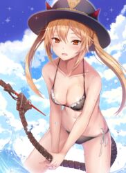  bad_id bad_pixiv_id bare_shoulders bikini blue_sky blush breasts cleavage cloud collarbone commentary cowboy_shot day demon_horns fangs female frilled_bikini frills girls&#039;_frontline half-closed_eyes hat heifetz holding_own_tail horns leaning_forward light_particles long_hair m870_(girls&#039;_frontline) mechanical_tail medium_breasts open_mouth outdoors shiny_skin side-tie_bikini_bottom sidelocks sky solo sparkle splashing swimsuit tail thighs twintails wading 