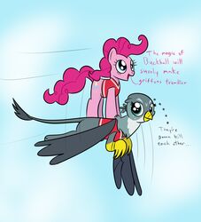  2016 avian beak blue_eyes cutie_mark dialogue duo earth_pony english_text equid equine feathered_wings feathers female feral flying friendship_is_magic fur gabby_(mlp) gryphon hair hasbro horse looking_at_viewer mammal mightyshockwave my_little_pony mythological_avian mythological_creature mythology pink_body pink_fur pink_hair pinkie_pie_(mlp) pony smile tail text wings 