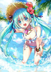  aqua_eyes aqua_hair bikini commentary_request female flower hair_flower hair_ornament hair_ribbon hat hatsune_miku hibiscus leaning_forward long_hair looking_at_viewer maronie. open_mouth orchid ribbon side-tie_bikini_bottom solo straw_hat swimsuit twintails very_long_hair vocaloid wading 