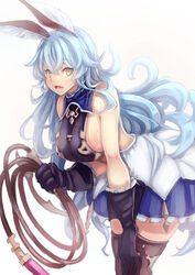  alternate_breast_size animal_ears black_gloves blue_hair blue_skirt breasts cape commentary_request cowboy_shot earrings erune female ferry_(granblue_fantasy) gloves granblue_fantasy hanging_breasts hoop_earrings jewelry large_breasts leaning_forward long_hair looking_at_viewer opanchu_(hakusen) open_mouth rabbit_ears sideboob simple_background single_earring skirt solo wavy_hair whip yellow_eyes 