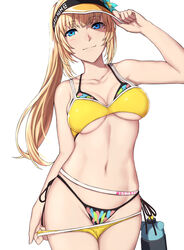  adjusting_clothes beach_evelysse belt bikini bikini_pull black_bikini blonde_hair blue_eyes blue_flower blush bottle breasts cleavage closed_mouth clothes_pull collarbone commentary coro_(star_ocean) cowboy_shot evelysse_(star_ocean) female flower groin hair_flower hair_ornament halterneck hand_on_headwear hand_up hat high_ponytail highres layered_bikini legs_together light_smile long_hair looking_at_viewer loose_belt medium_breasts micro_bikini nagioka navel ponytail print_bikini pulling_own_clothes side-tie_bikini_bottom sidelocks simple_background skindentation smile solo standing star_ocean star_ocean_anamnesis straight_hair string_bikini swimsuit underboob undressing white_background white_belt yellow_bikini 